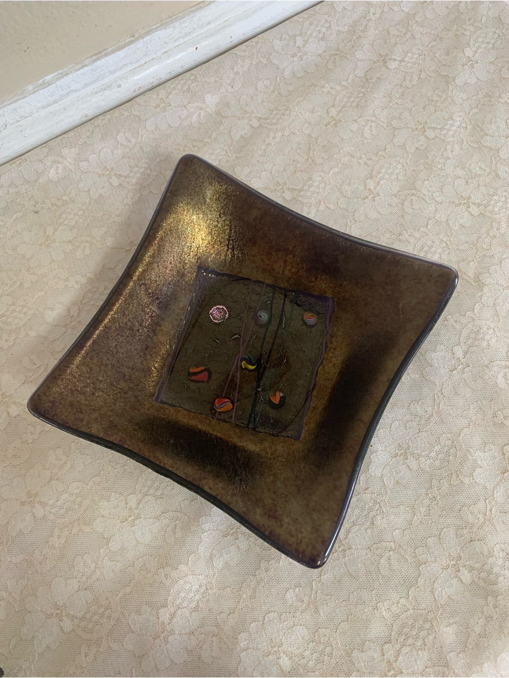 Kurt McVay Signed Fused Glass Square Dish 6" Iridescent Dichroic Art Bowl Tray